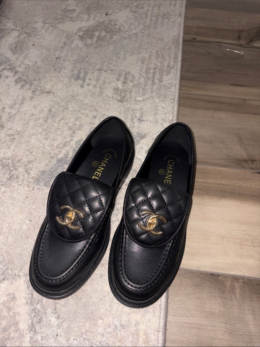Chanel inspire  Black Quilted Leather Slip-On Loafers with Gold CC Hardware